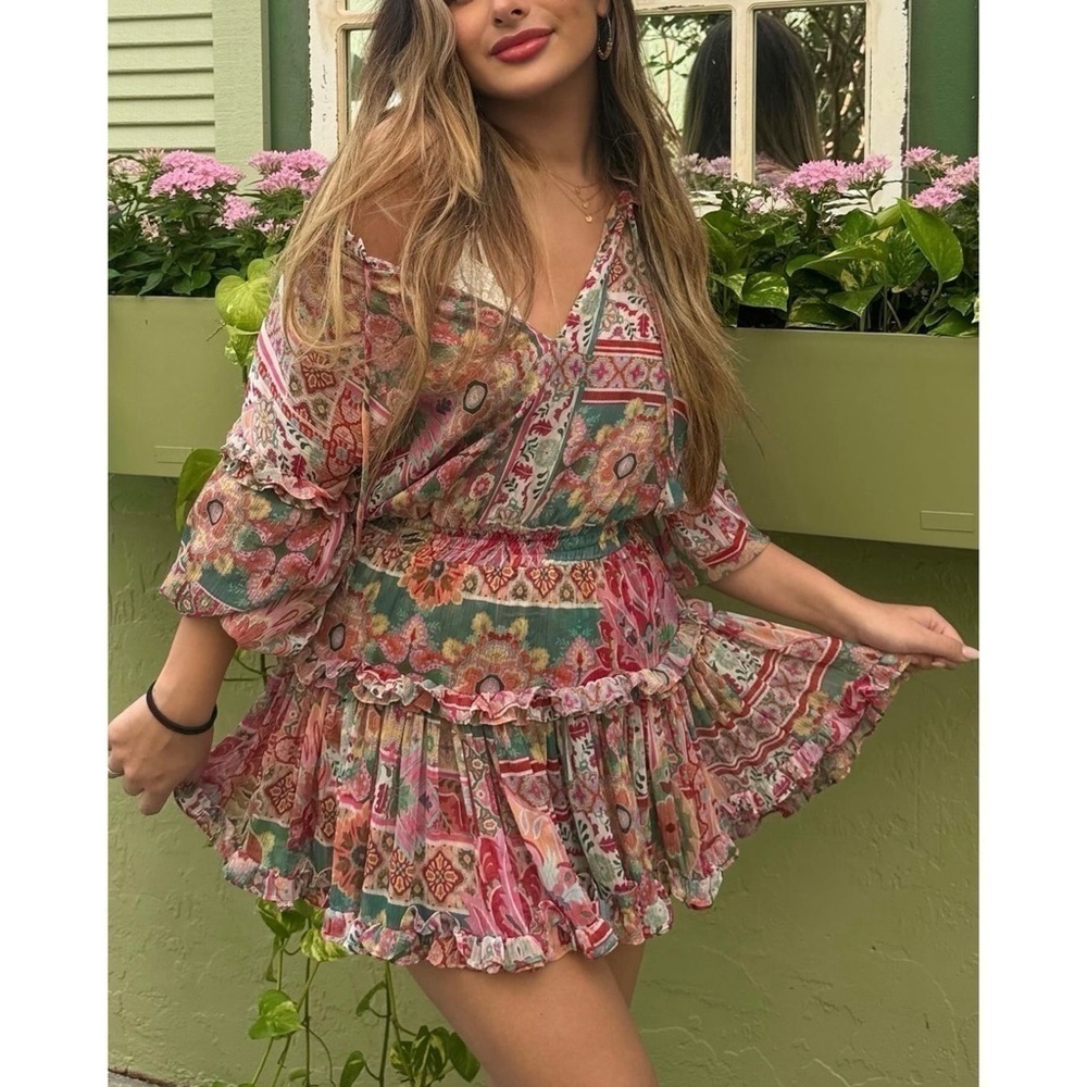 MISA Chiffon Puff Long Sleeve Tassel Tie Neck Smocked Waist Tier Ruffle Dress XS - Picture 11 of 16